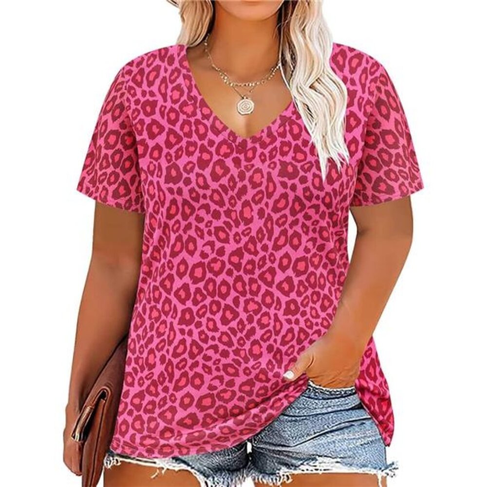 Women Plus Size Tops Tie Dye V Neck Shirt Floral Camo Summer Short